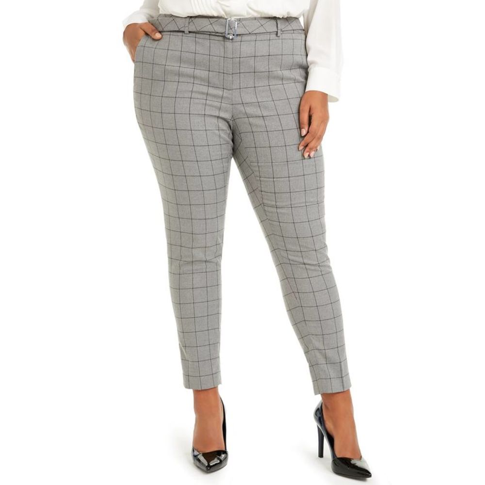 Calvin Klein Women's Belted Windowpane-Print Slim-Leg Pants Gray Size 22W